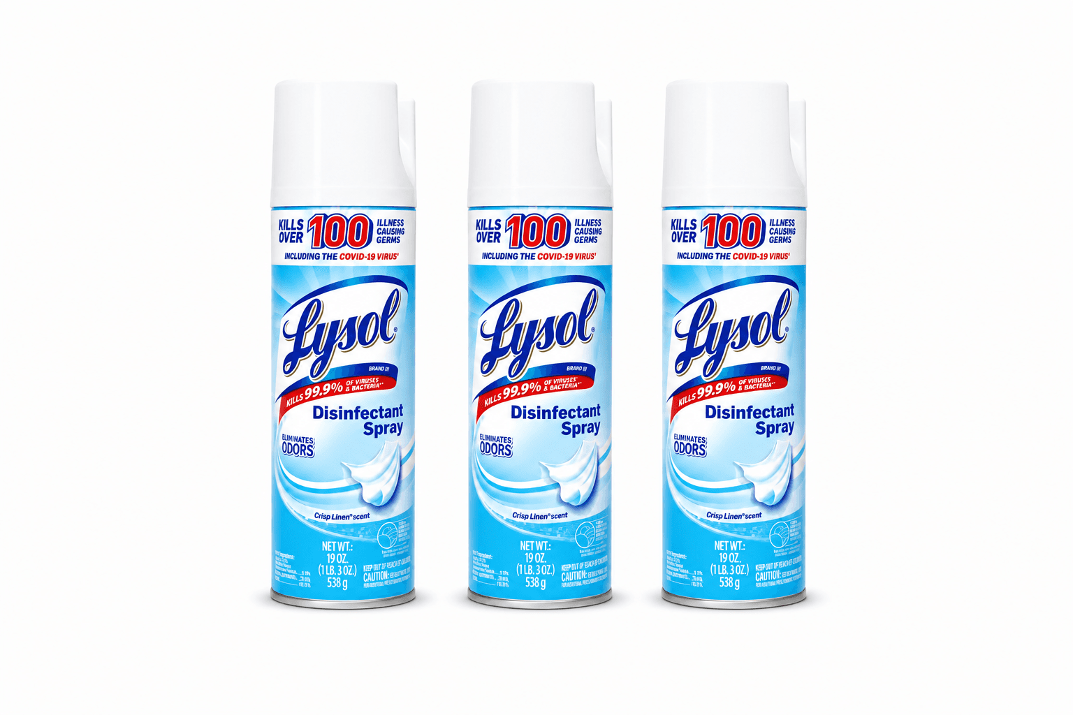 3 Lysol Disinfectant Spray 19 oz can on White Background.