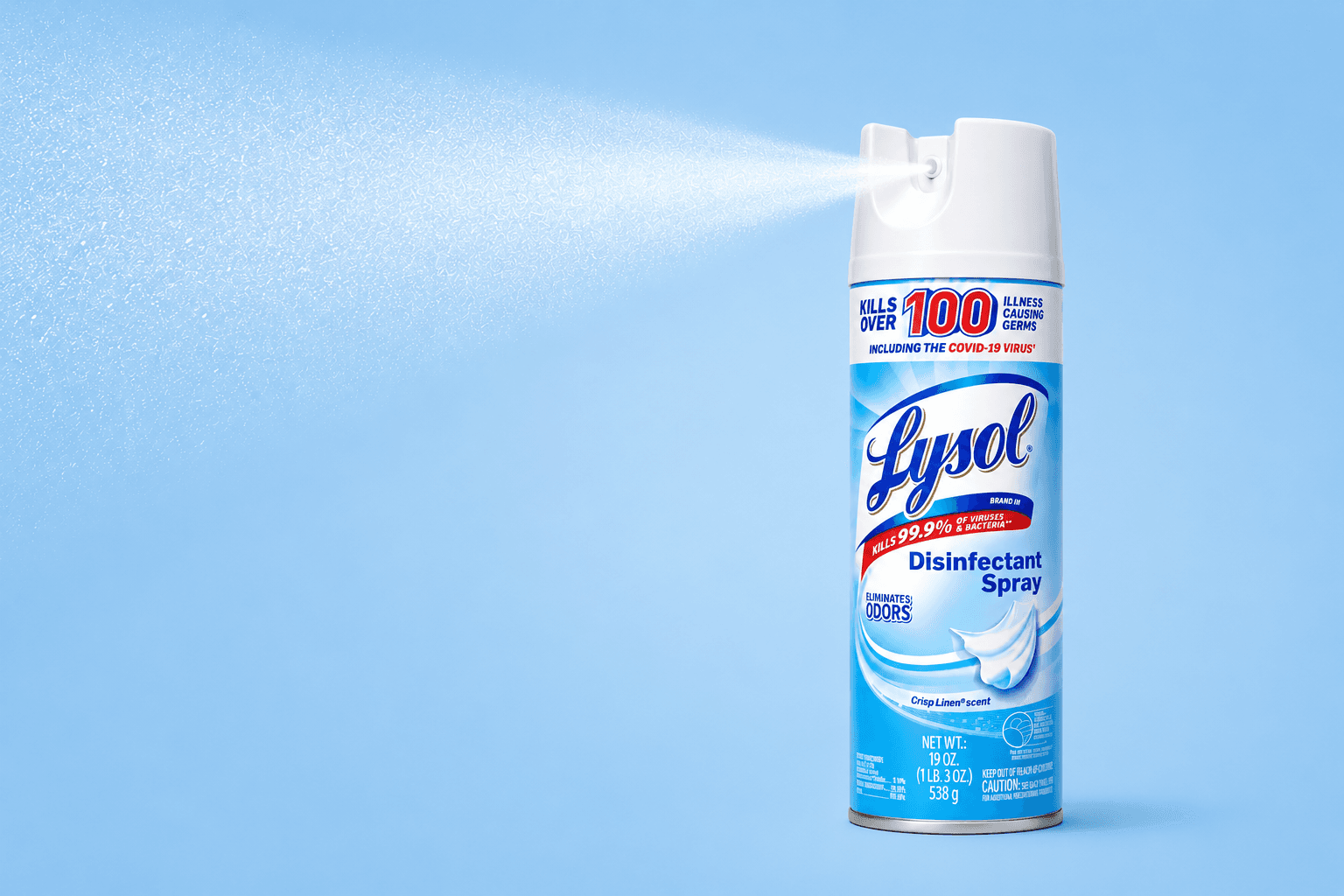 Lysol Disinfectant Spray 19 oz can on Blue Background.