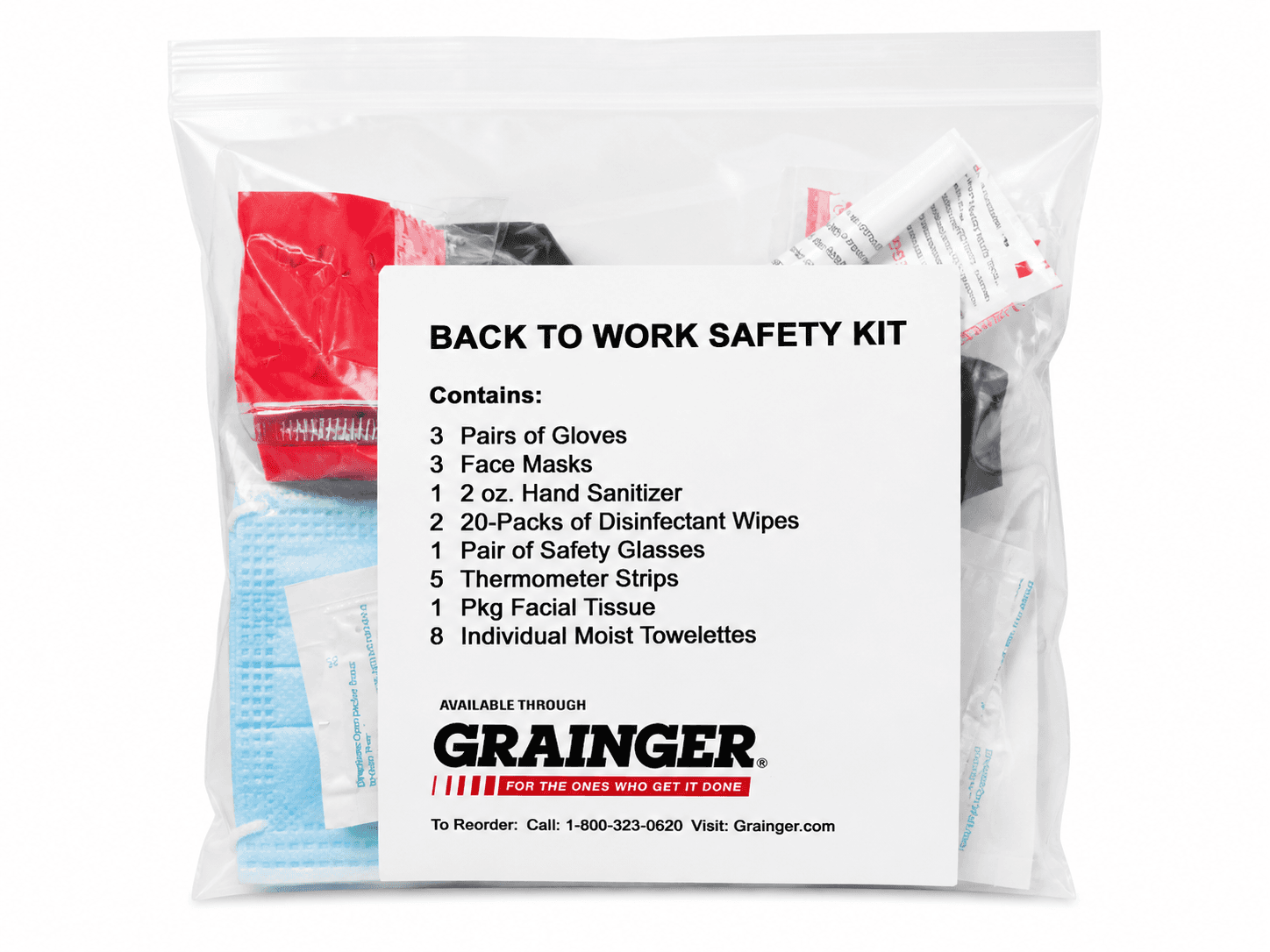 Back to Work Safety Kit with masks, sanitizer, gloves, and safety supplies.