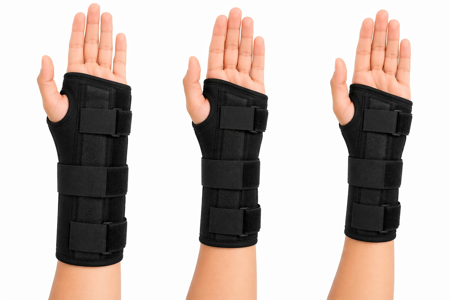 Left Side Black Wrist Brace with adjustable support Small, Medium and Large on Hand.