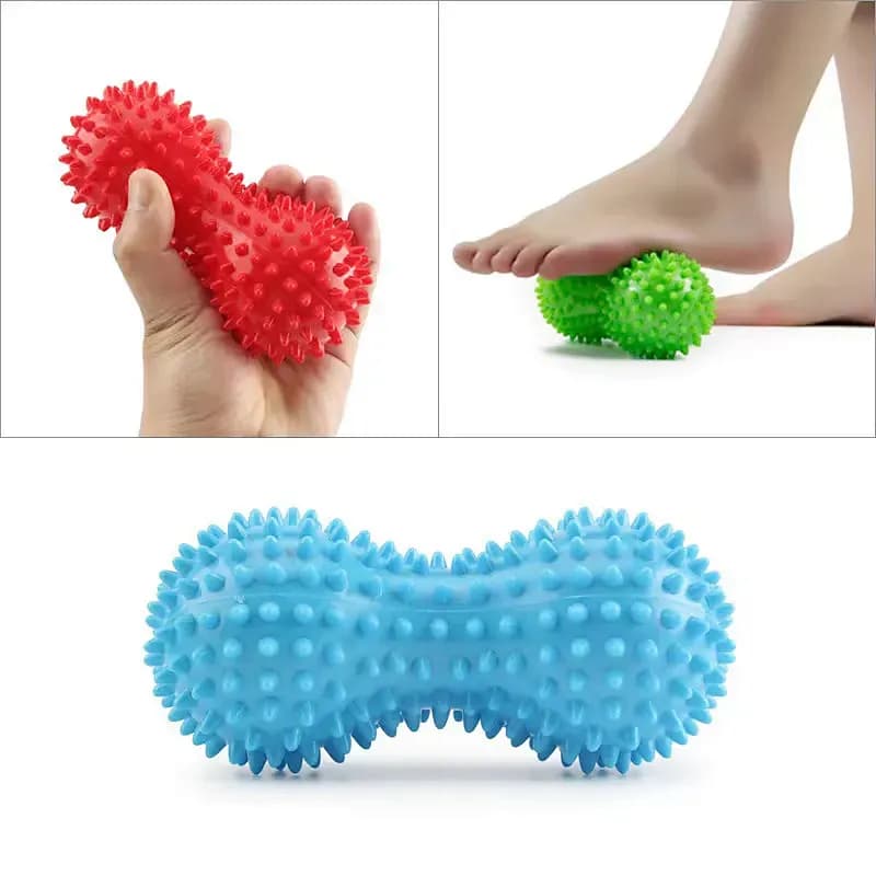 Spiky Peanut Massage Ball in red, green and blue.