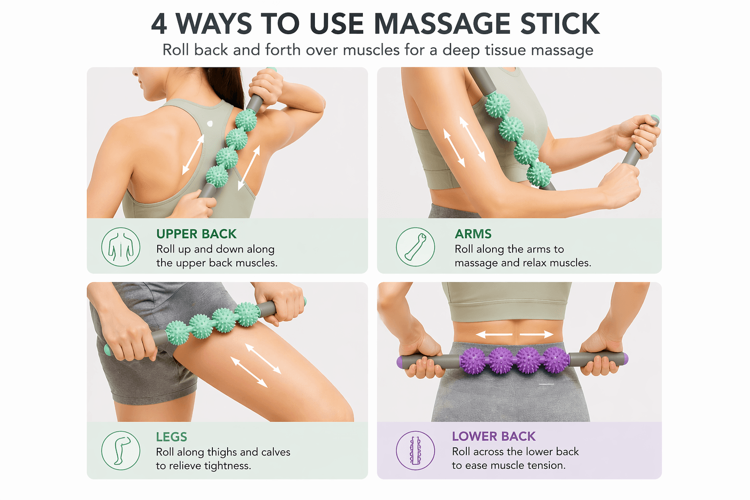 Massage Stick Roller showing four ways to use for muscle massage.