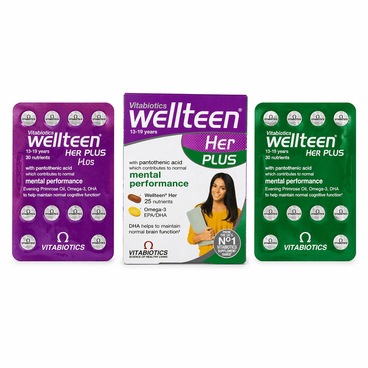 Wellteen Her Plus Vitabiotics front of box and tablets and capsules..