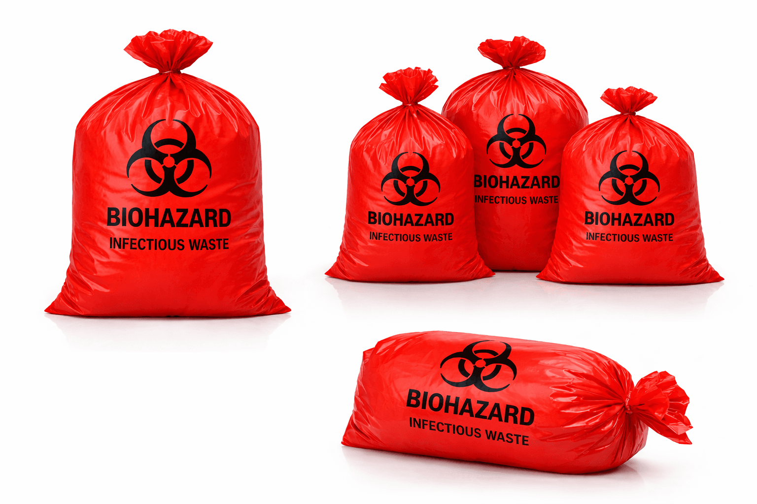 Multiple red Bio-Hazard Bags tied closed 38 x 50 inch 40–45 gallon.