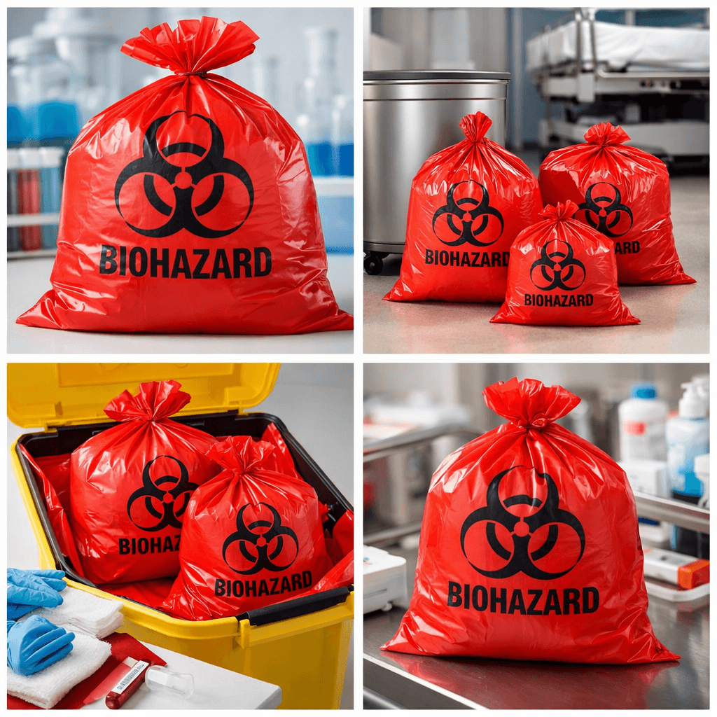 Red Bio-Hazard Bags in trash cans and tied closed heavy duty 38 x 50 inch.
