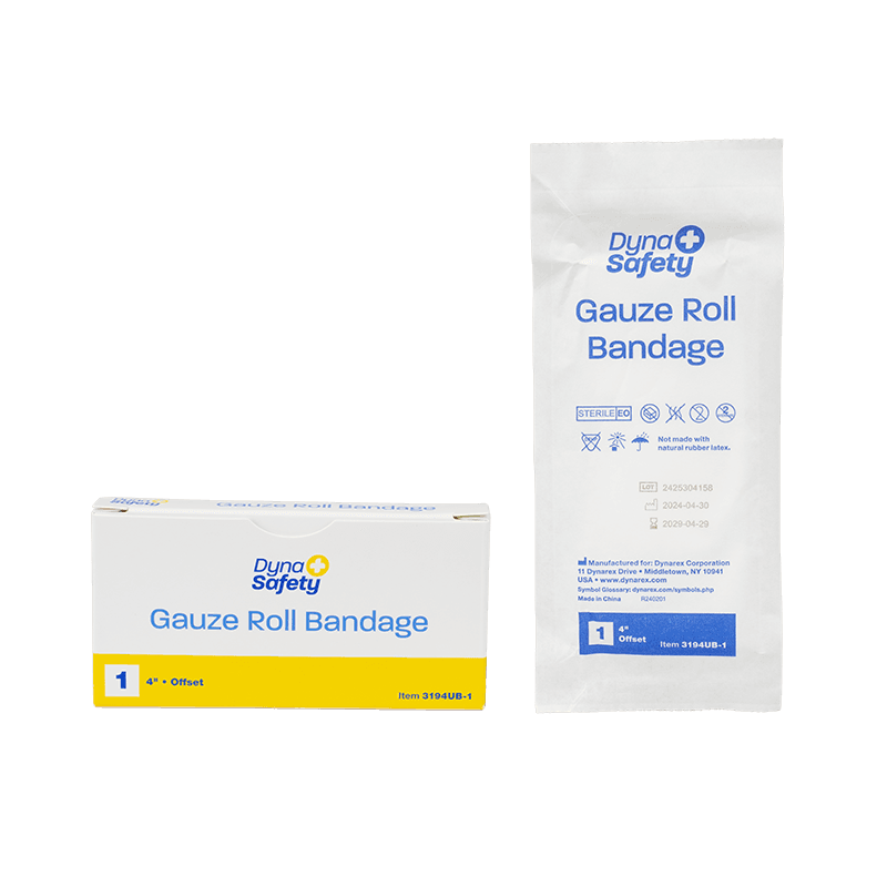 Gauze Roll Bandage 4 inch Offset in pack and box.
