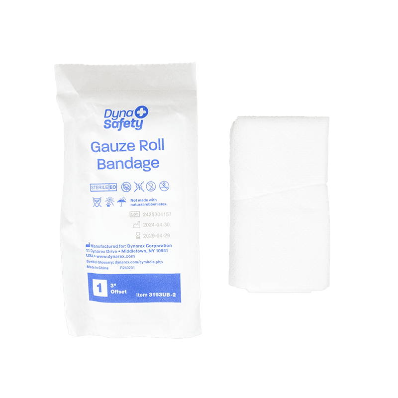 Gauze Roll Bandage 3" Offset with package and bandages.