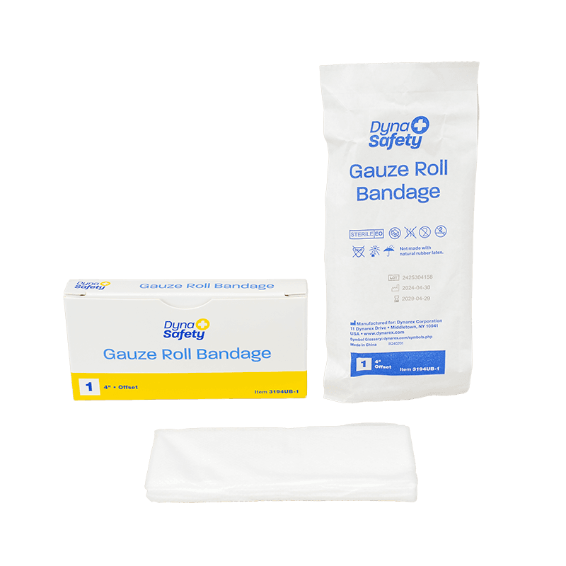 Gauze Roll Bandage 3" Offset with box, package and bandages.