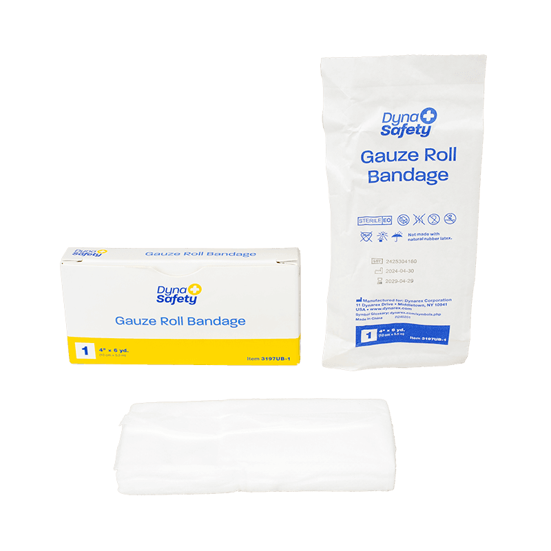 Gauze Roll Bandage 4" Offset with box, package and bandages.