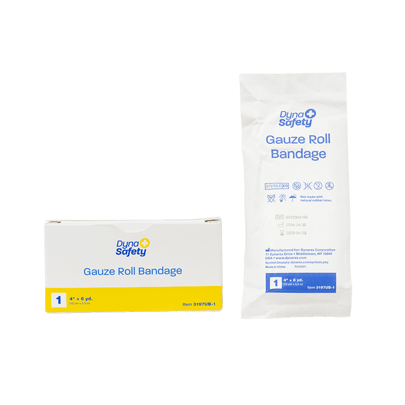 Gauze Roll Bandage 4-inch x 6 yards with box and package.