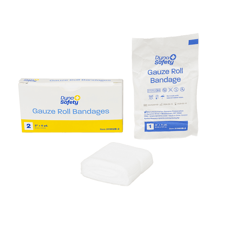 Gauze Roll Bandage 2-inch x 6 yards with box, package and bandages.