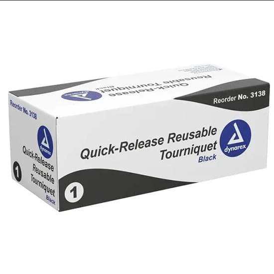 Quick-Release Reusable Tourniquet Black in box.