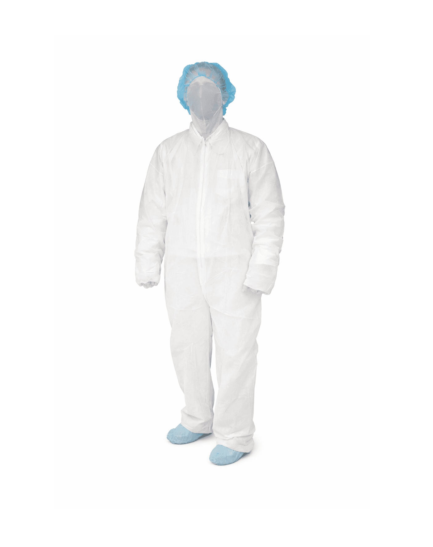 Disposable Coveralls Universal Size, White on mannequin front view.