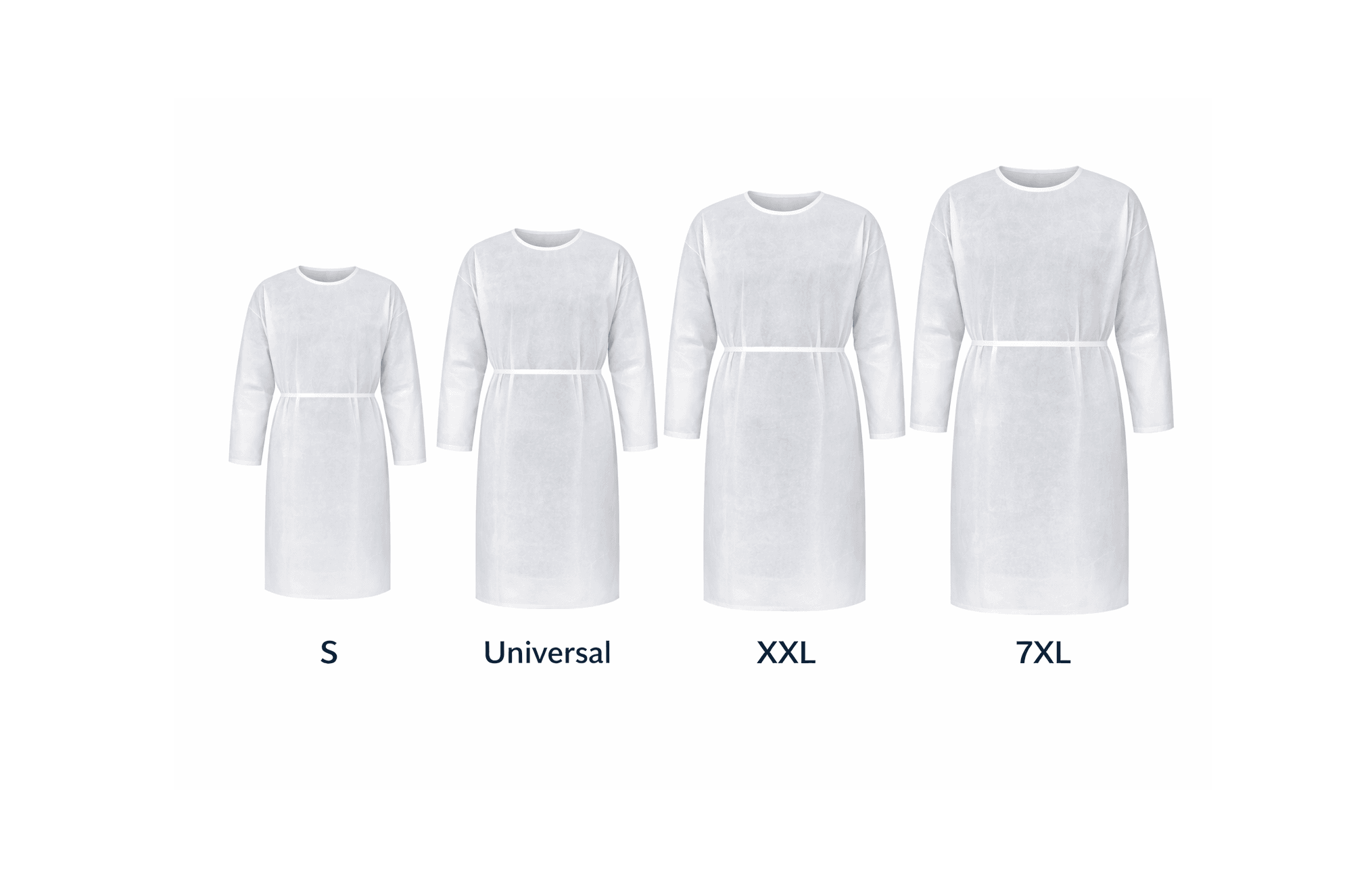 Isolation Gown Poly - Coated Barrier White showing front view of Small, Universal, XXL and 7 XL.