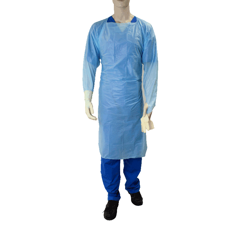 CPE Thumb Loop Isolation Gown Blue front view on mannequin.