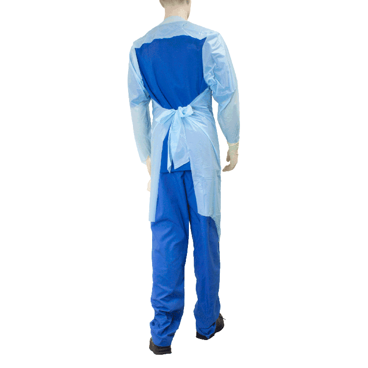 CPE Thumb Loop Isolation Gown Blue back view on mannequin.