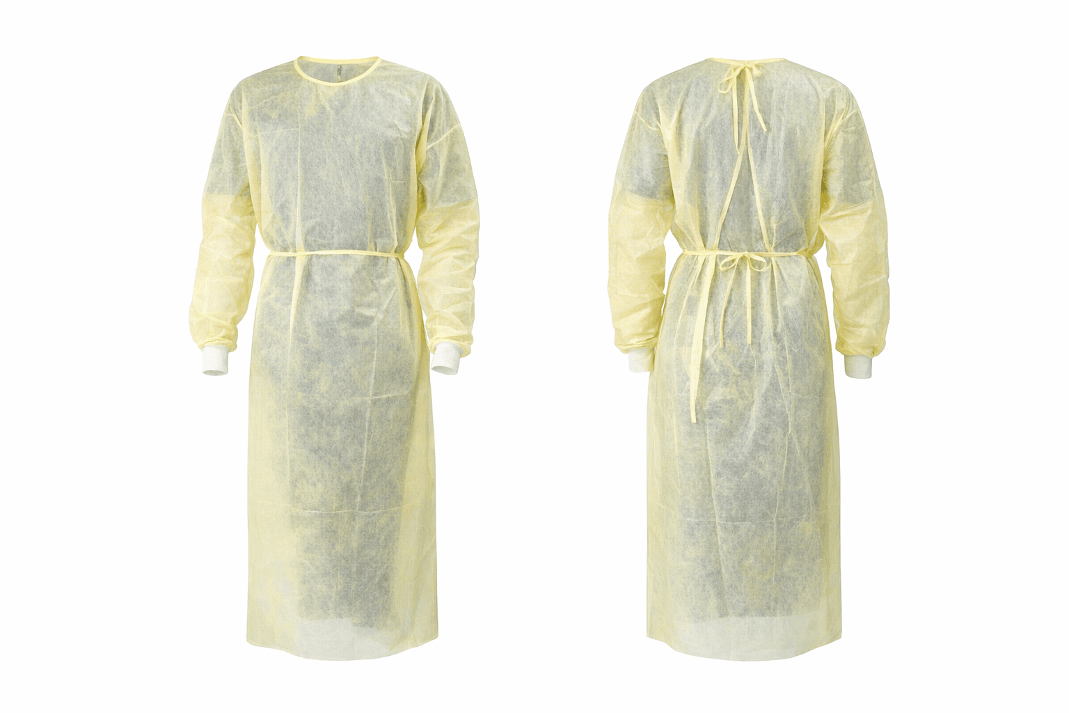 Isolation Gown Fluid Resistant Universal, Yellow front and back view.