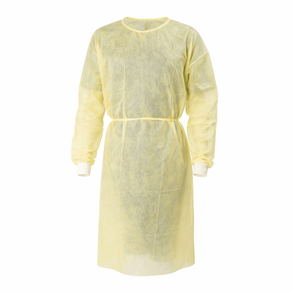 Isolation Gown Fluid Resistant Universal, Yellow front view.