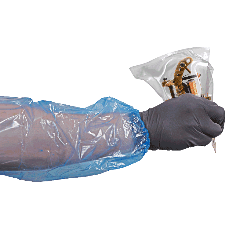 Disposable Tattoo Arm Sleeve Cover Barrier Blue on hand.