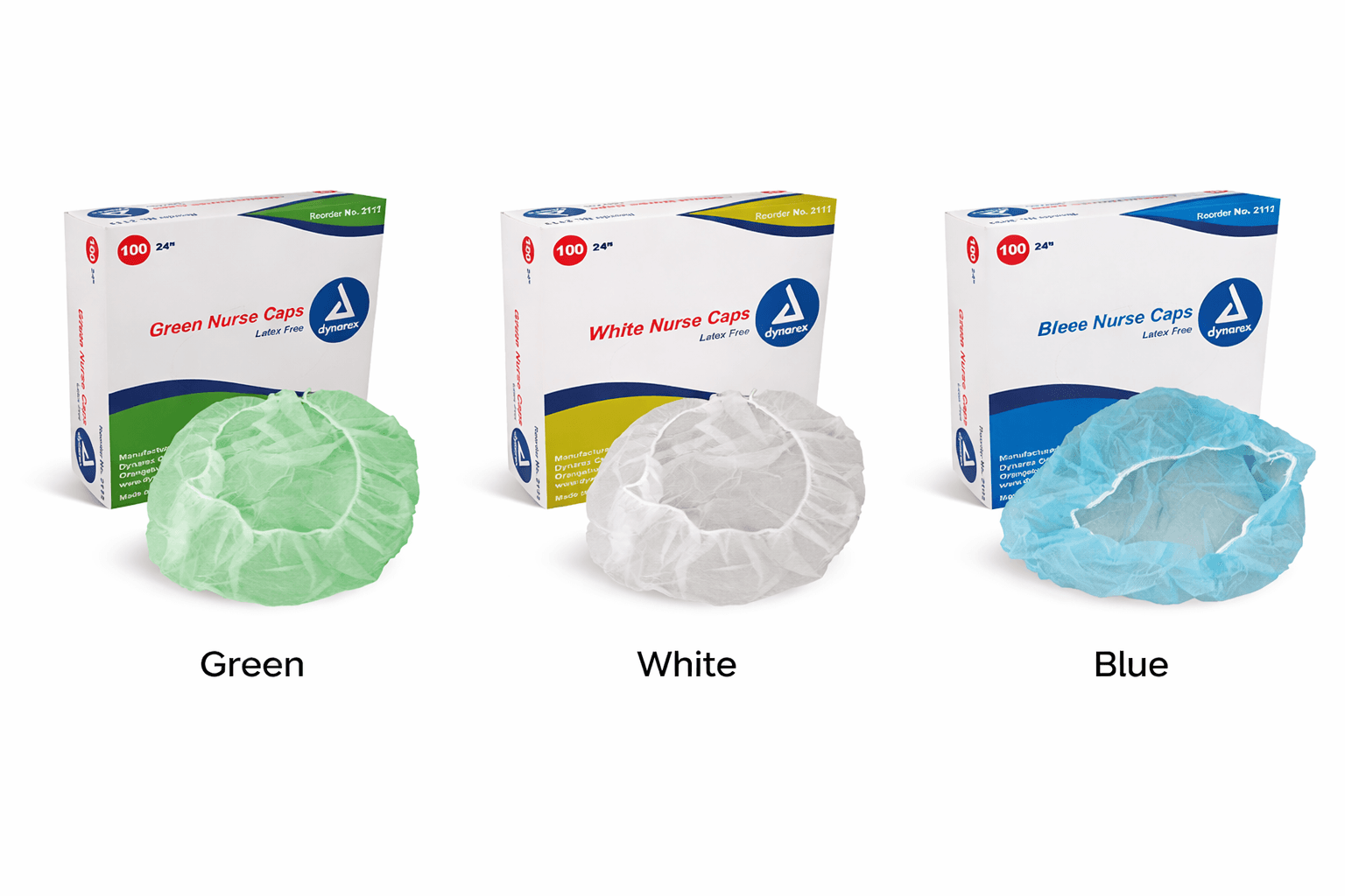 Nurse Cap full view of green cap, white cap and blue cap along with boxes.