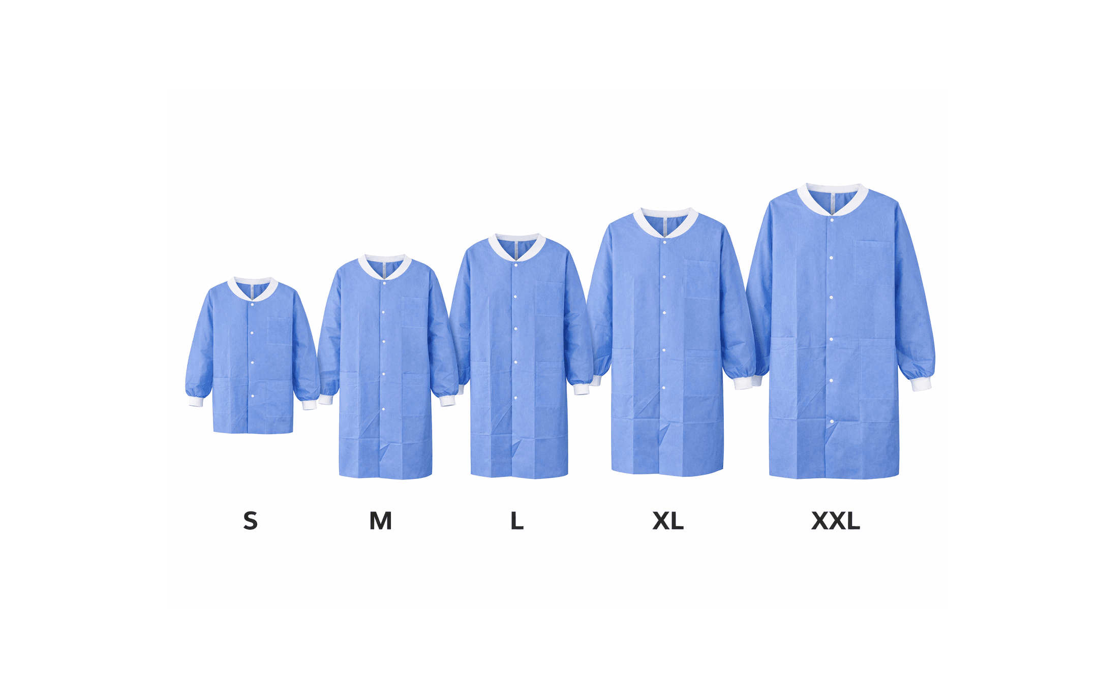 Lab Coat with Pockets, Blue front view of small, medium, large, x-large and xx-large.