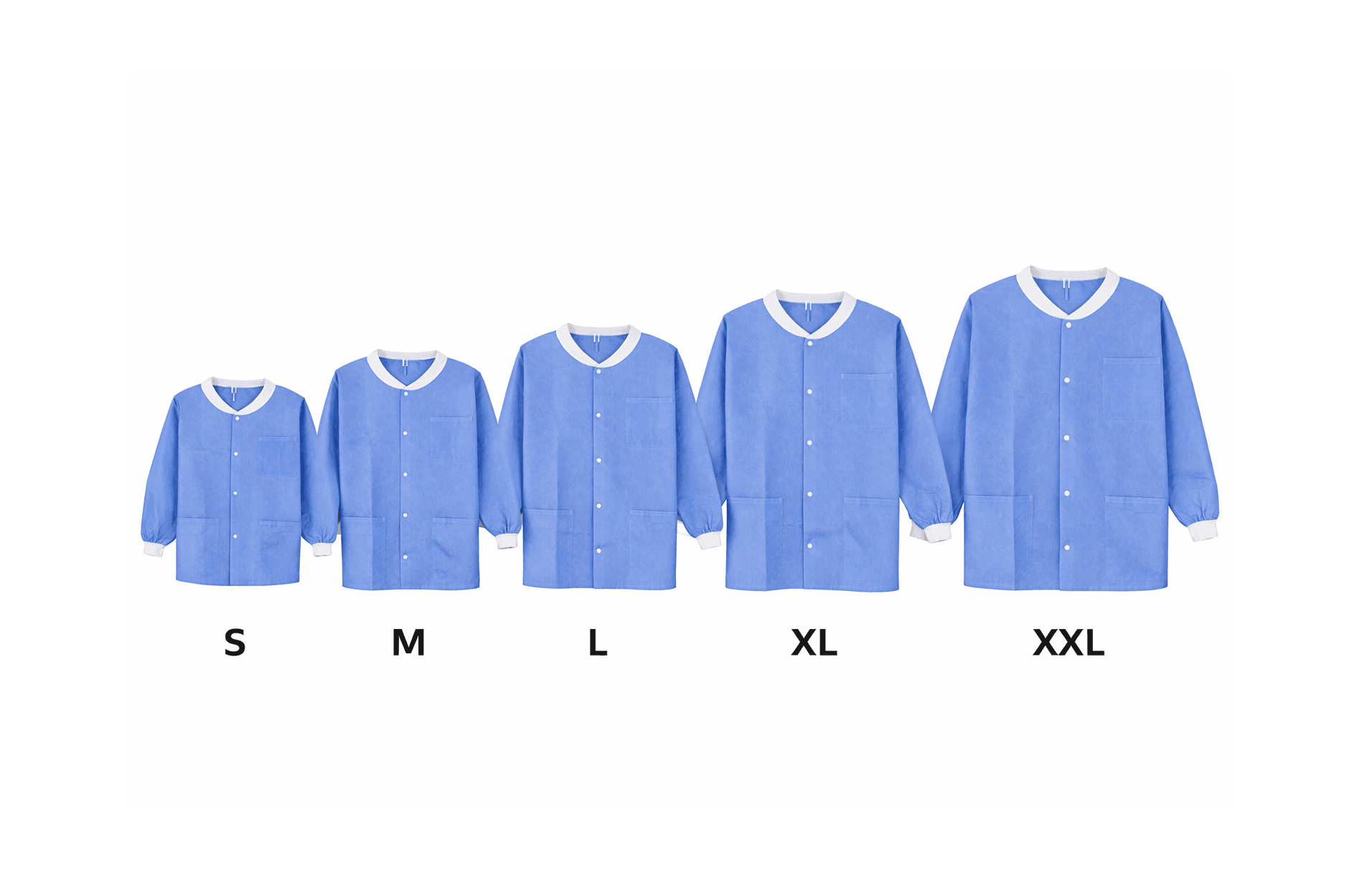 Labjacket With Pockets, Blue front view of small, medium, large, x-large and xx-large.