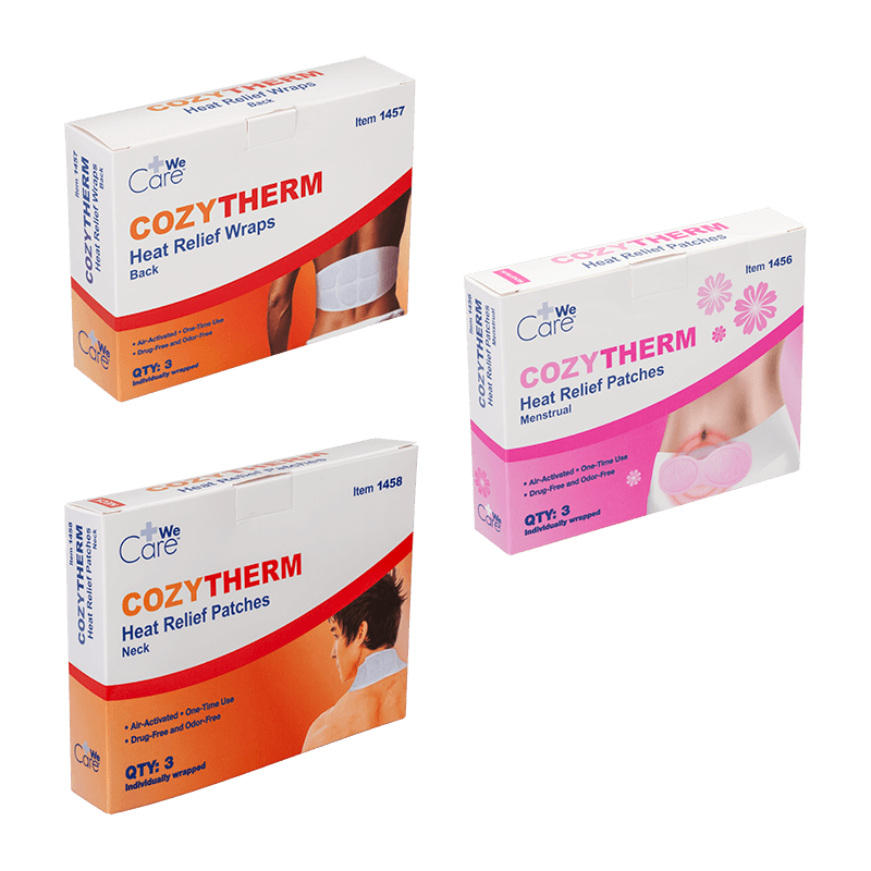 CozyTherm heating relief patches and wrap for neck menstrual and back use.