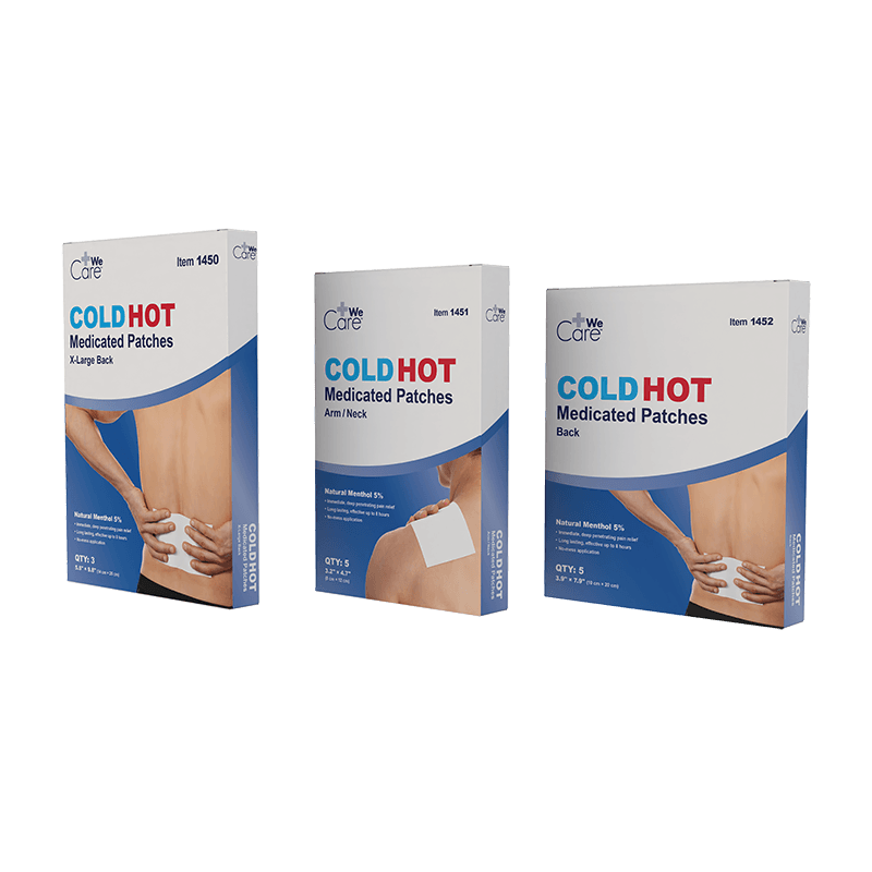 Cold Hot Medicated Patches – XL Back, Back, and Arm/Neck front view of boxes.