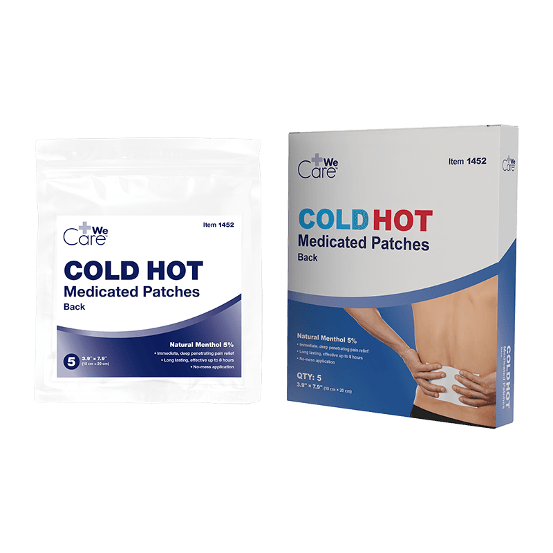 Cold Hot Medicated Patch Back 10 x 20 cm in package and box front view.