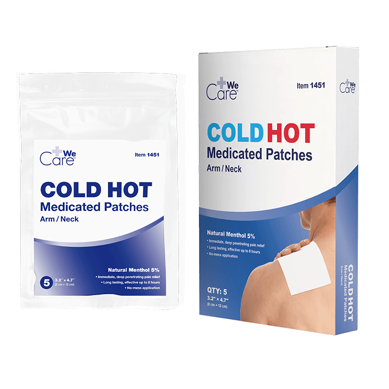 Cold Hot Medicated Patch Arm Neck 8 x 12 cm in package and box front view.
