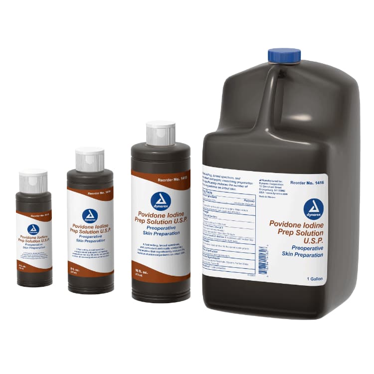 Povidone Iodine Prep Solution 4 Fl oz, 8 Fl oz, 16 Fl oz and 1-gallon bottles front view.