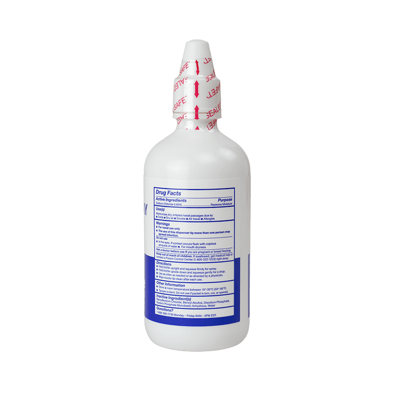 Saline Nasal Spray 1.5 oz bottle back view.
