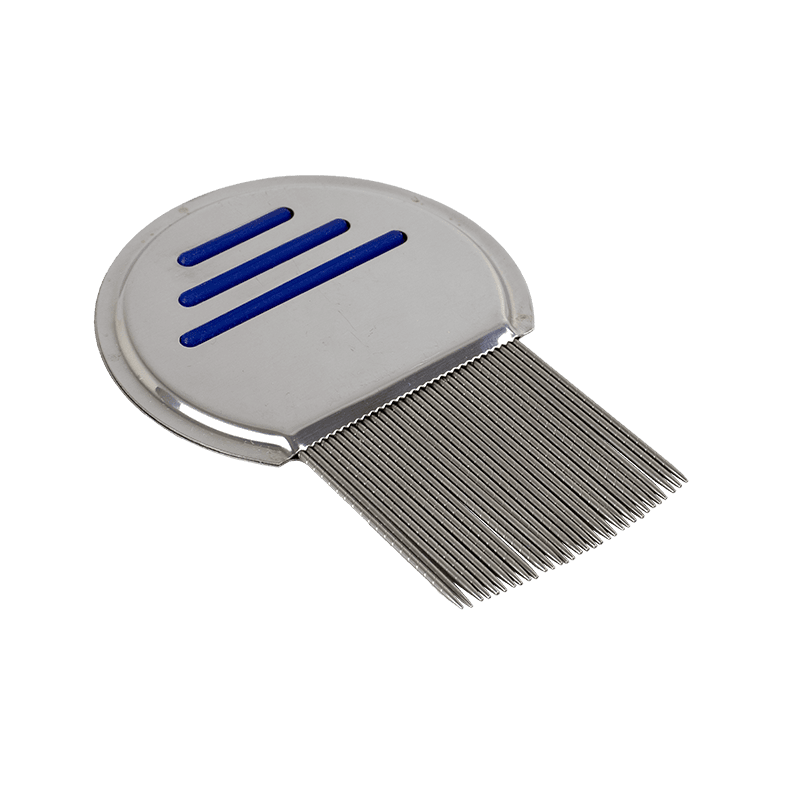 Clear Nit Metal Lice and Nit Removal comb (striped teeth) lying flat.