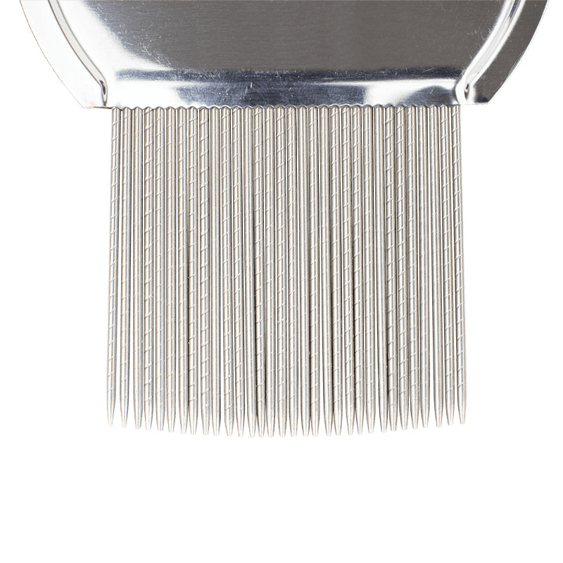 Clear Nit Metal Lice and Nit Removal comb (striped teeth) close up view.