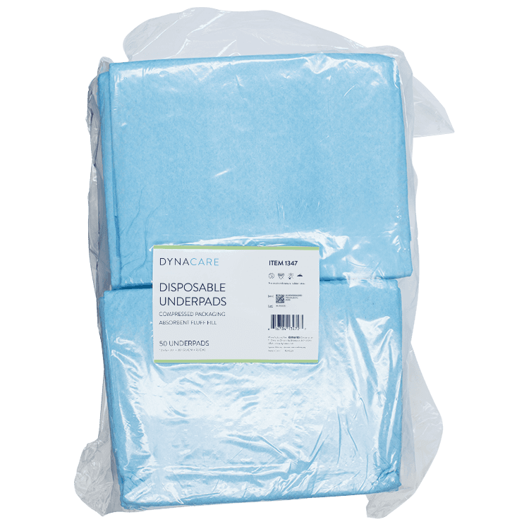 Disposable Underpads w/ Polymer 30" x 30" (105 g) folded in pack.