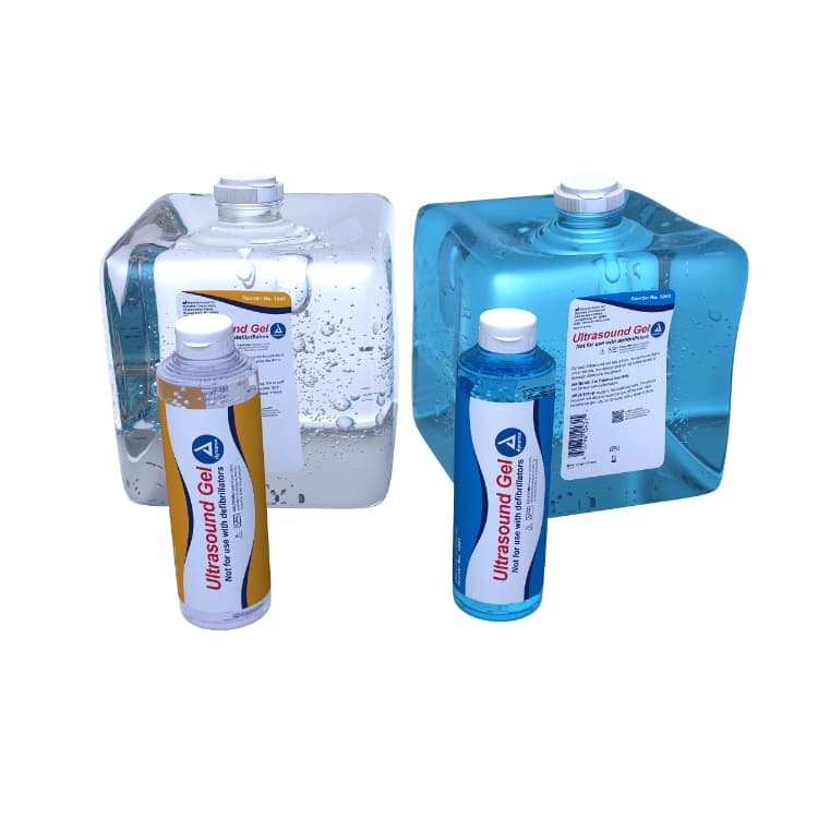 Ultrasound Gel 8.5 oz and 1.3 gallon in blue and clear front view.
