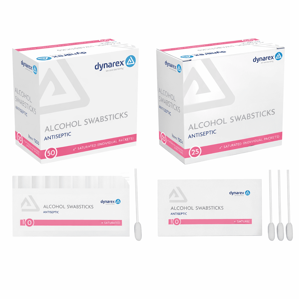 Alcohol Swab sticks 4" big and small box, pack and swab sticks front view.