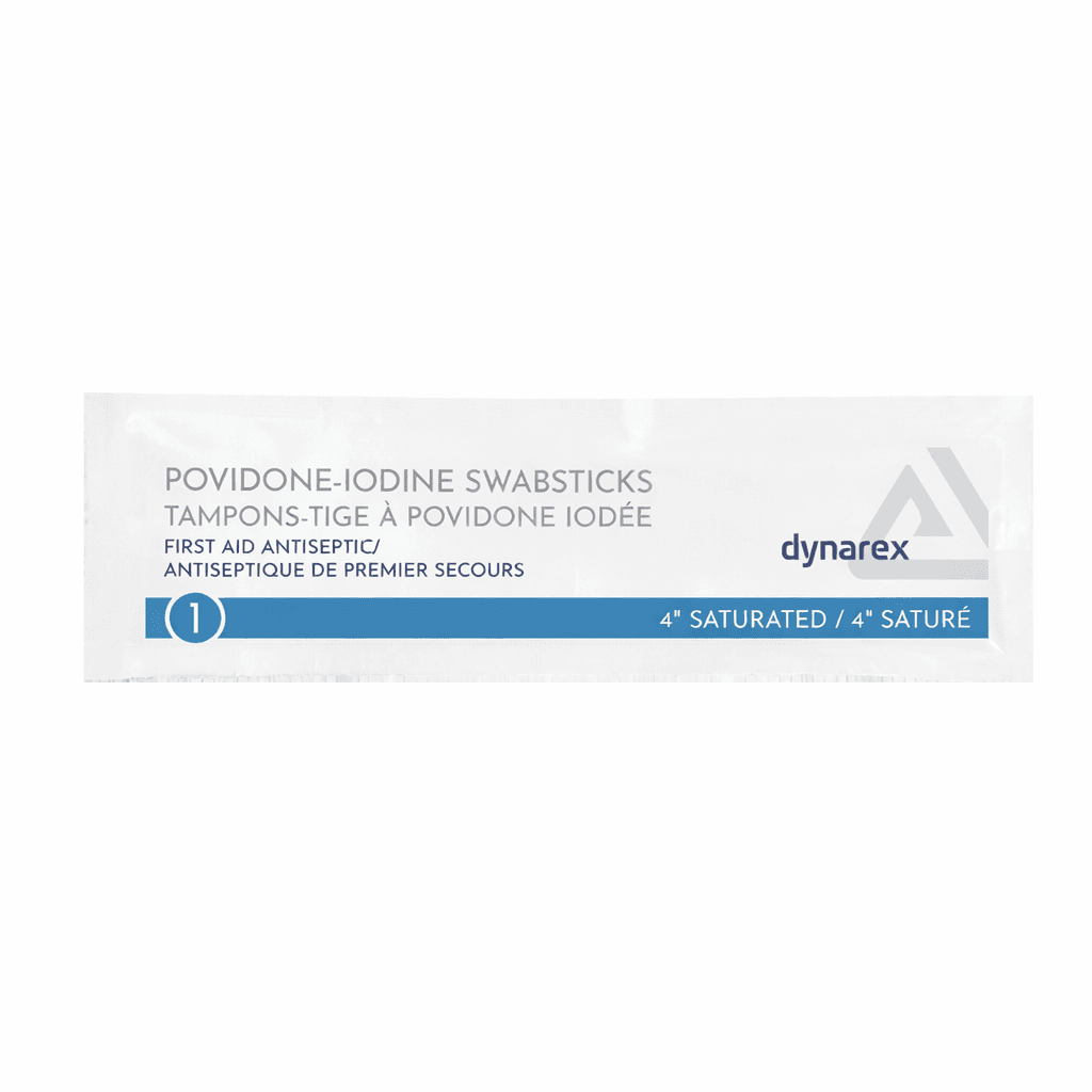 Povidone Iodine Swab sticks single packet front view.