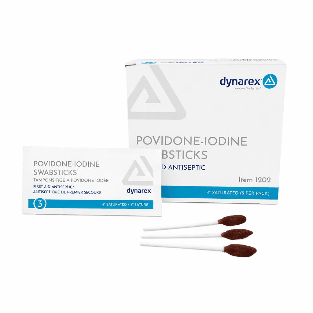 Povidone Iodine Swab sticks 3 per pack and box front view.