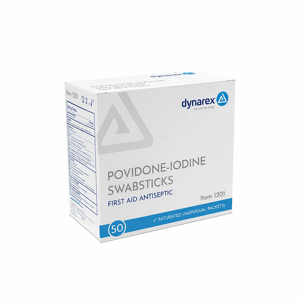Povidone Iodine Swab sticks 4 per pack box front view.