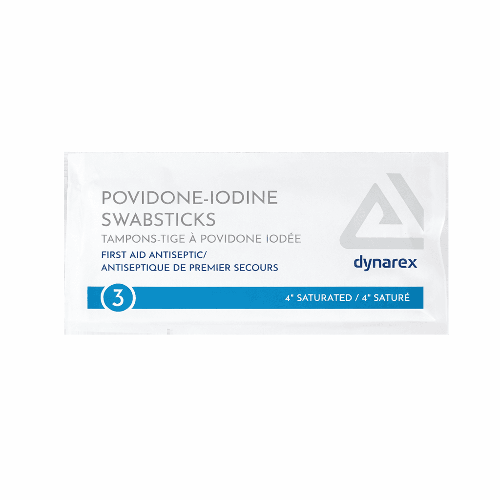 Povidone Iodine Swab sticks 4 per pack packets front view.
