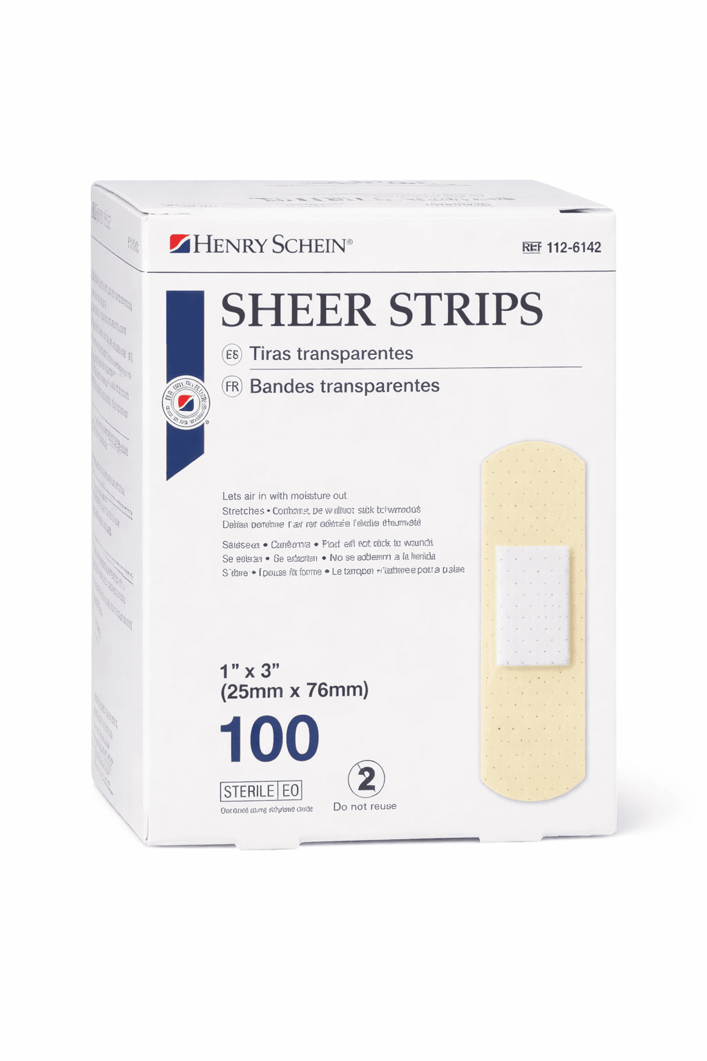 Adhesive Bandage Plastic 1x3" Sheer Sterile box front view.