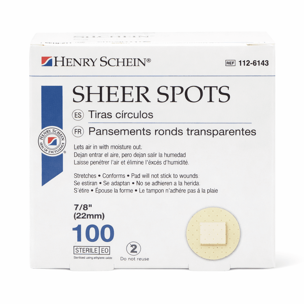 Adhesive Bandage Plastic 7/8" round sheer sterile box front view.