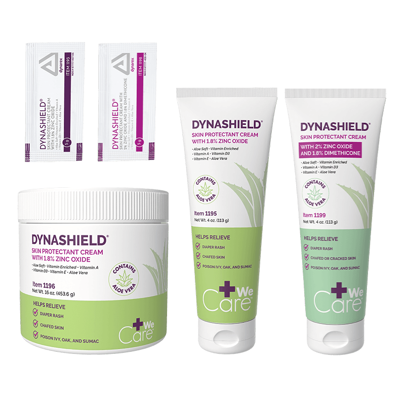 Dyna Shield Skin Protectant Cream 4 oz tube 16 oz jar and 4 oz dimethicone tube front view.