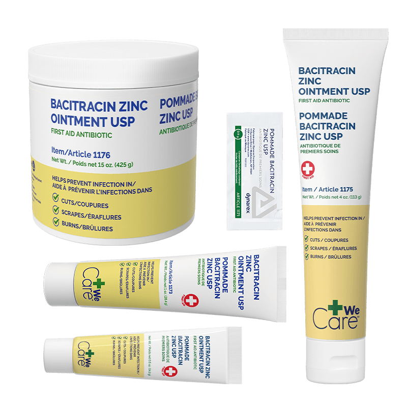 Bacitracin Zinc Ointment 0.9 g foil packets, 0.5 oz, 1 oz & 4 oz tubes also 15oz jar front view.