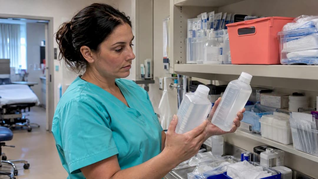 Nurse comparing sterile irrigation containers