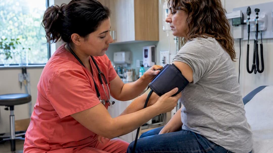 Clinician fitting a blood pressure cuff