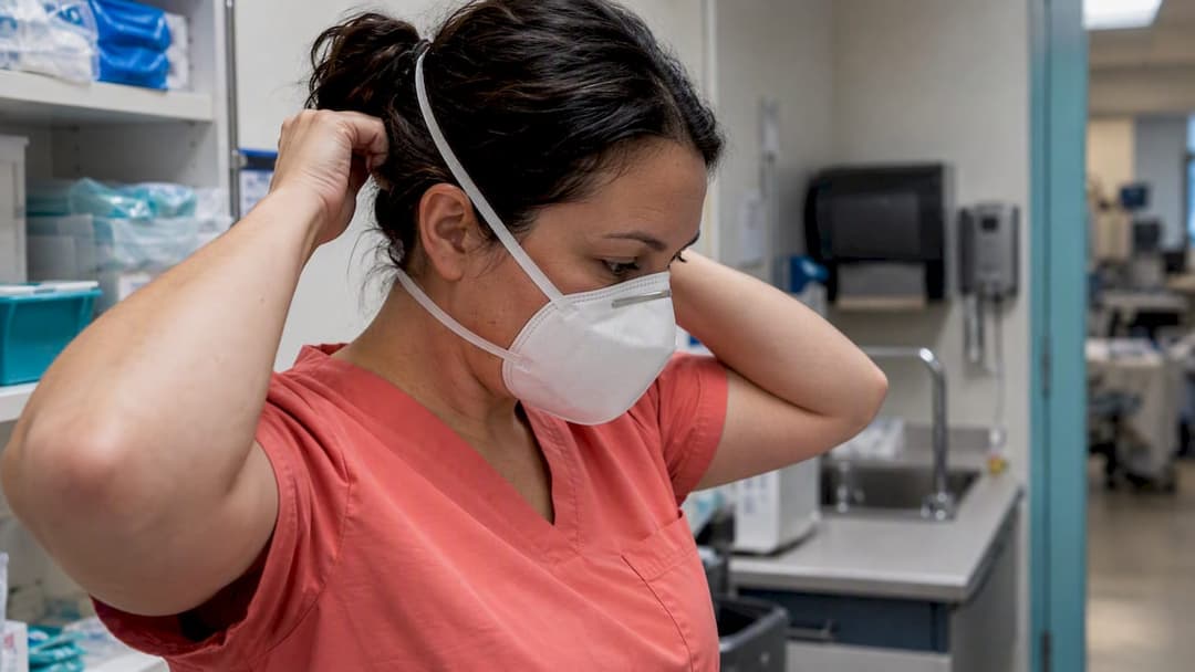 Healthcare worker checking an N95 respirator fit