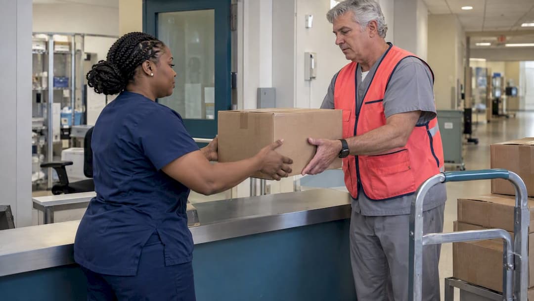 Healthcare staff exchanging emergency supply carton