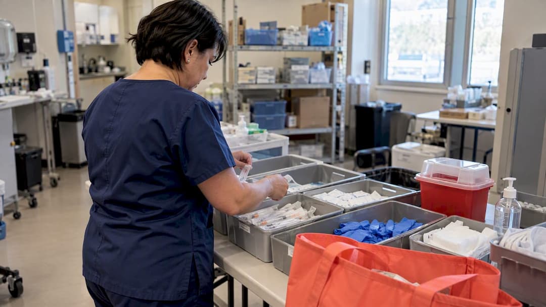 Coordinator verifying vaccination station supplies